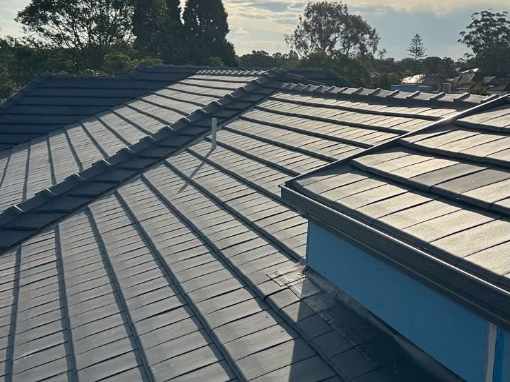 Charcoal tiles across a pitched roof under a blue sky